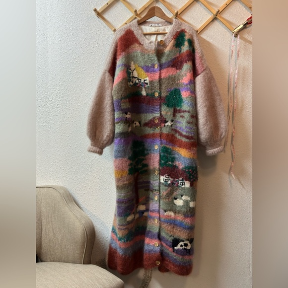 VTG RARE 💎 Susan Vale Hand knitted in England: Mohair Landscape Long Cardigan - Picture 1 of 17